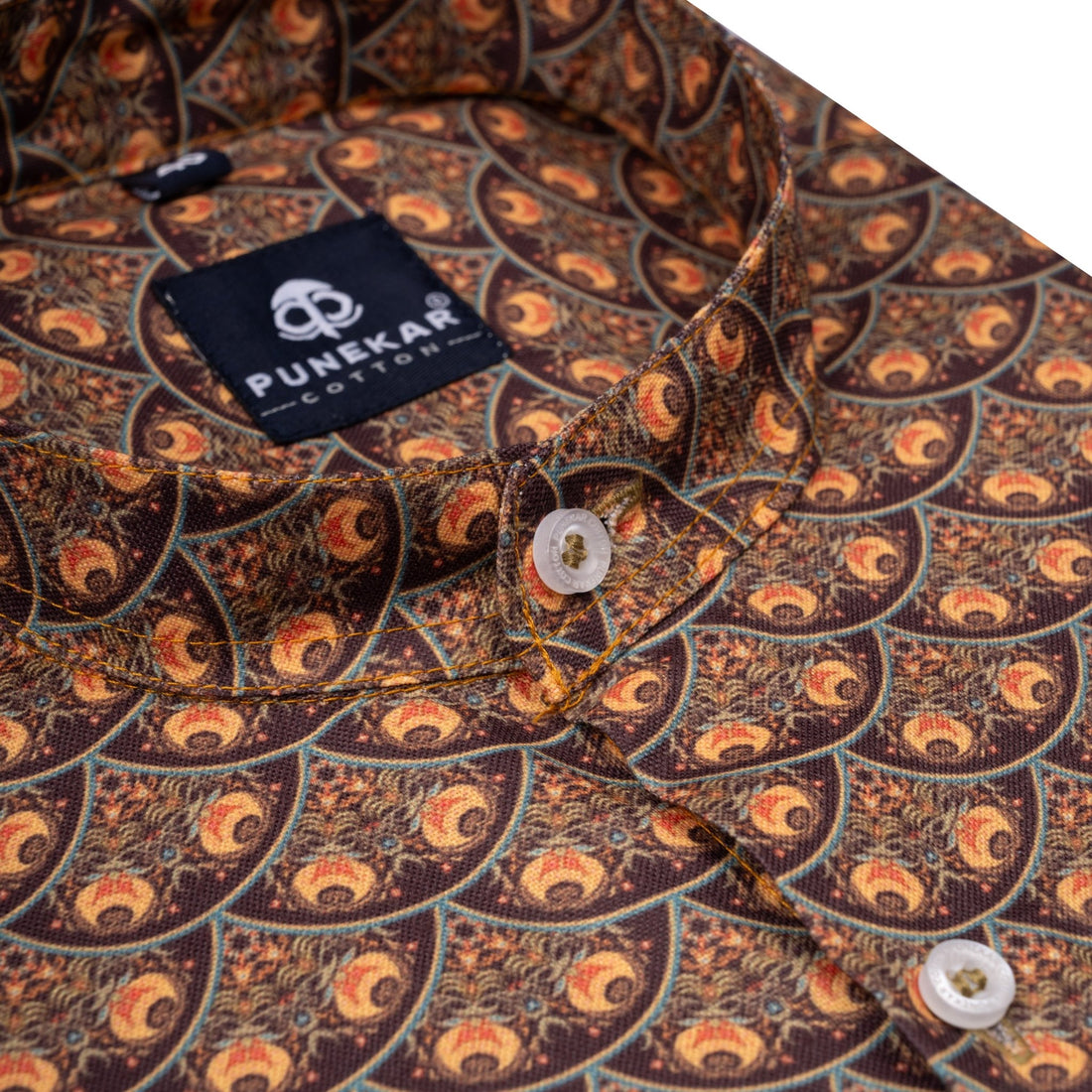 Brown Color Stand Collar Printed Shirt For Men - Punekar Cotton