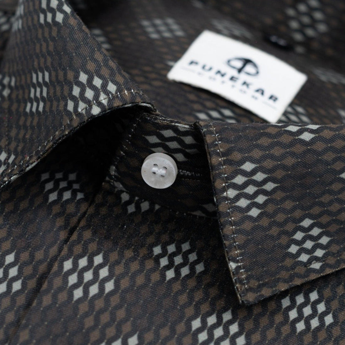 Brown White Color Morrocan Diamond Printed Shirt For Men - Punekar Cotton