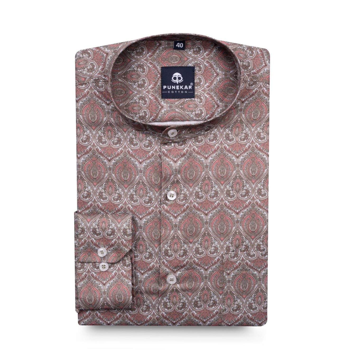 Light Copper Color Moroccan Stand Collar Printed Shirt For Men - Punekar Cotton