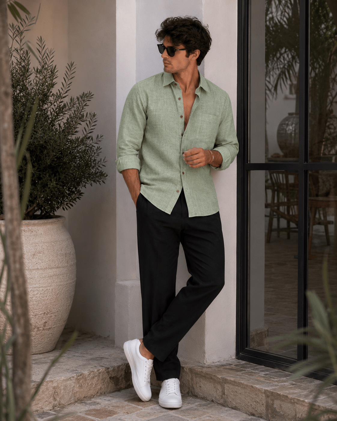 Olive Green Color Linen Formal Half Sleeves Shirt For Men - Punekar Cotton