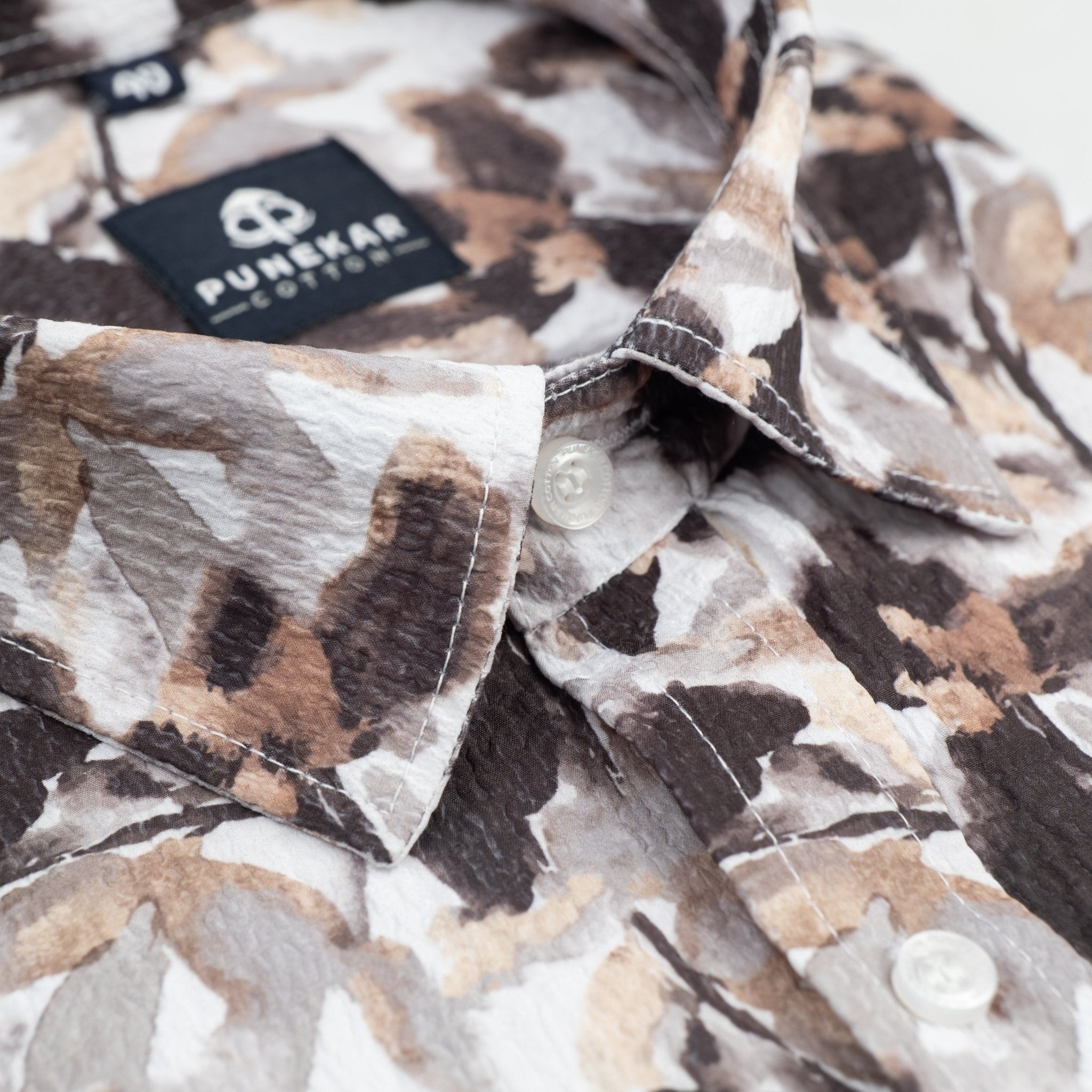 White Color Leaf Printed Popcorn Shirt For Men - Punekar Cotton