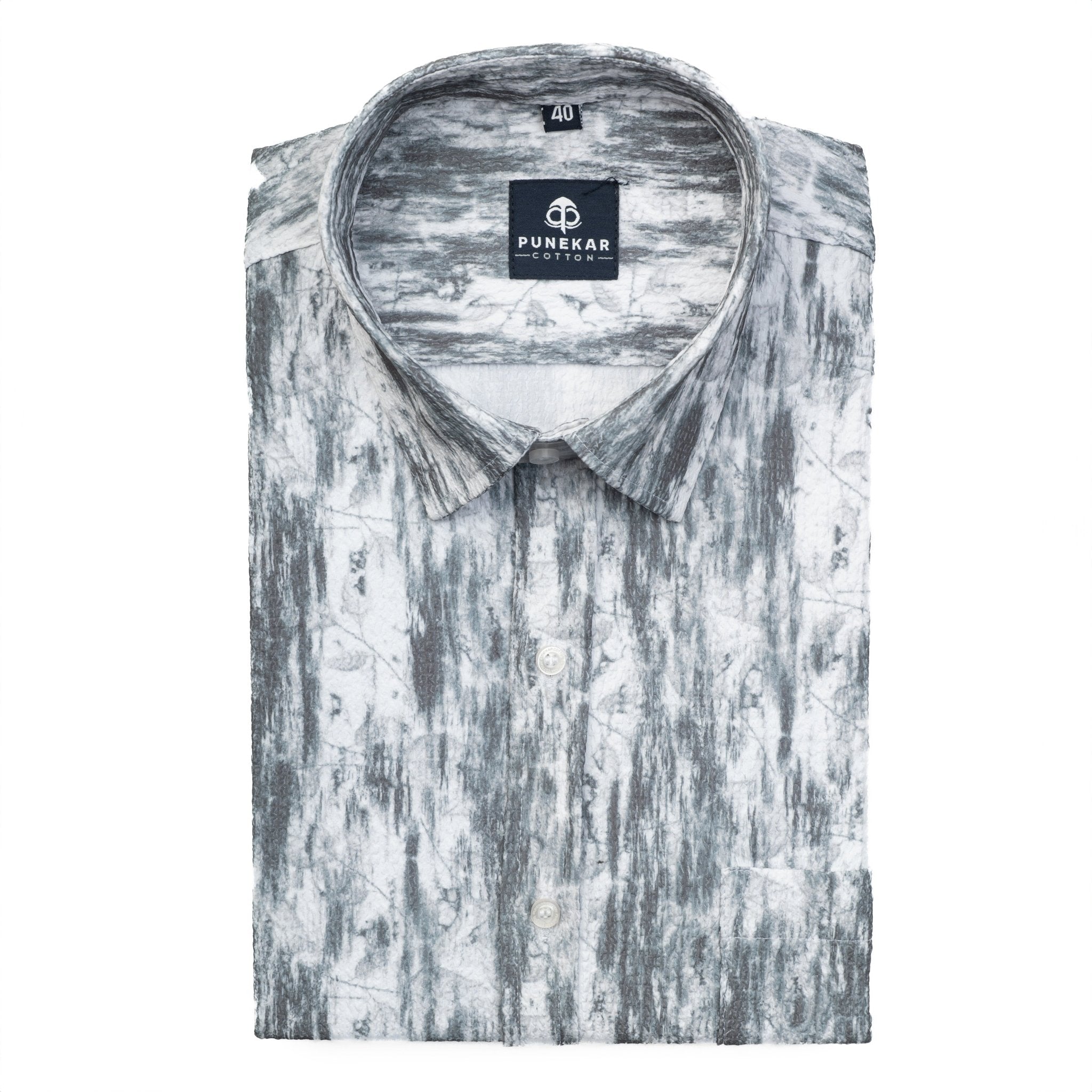 White Greenish Color Leaf Printed Popcorn Shirt For Men - Punekar Cotton