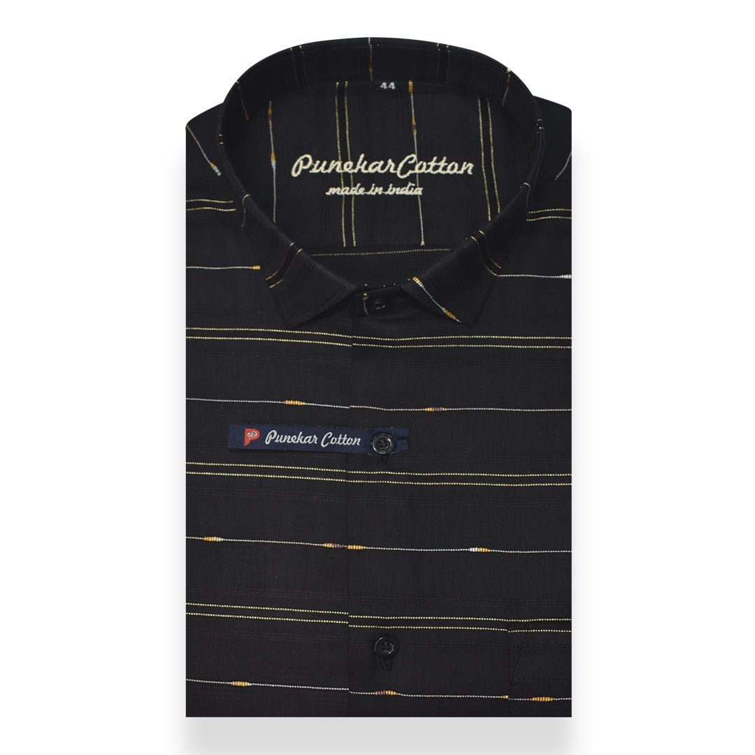 Black Color Pure Cotton Panelled Butta Stripes Shirts For Men&
