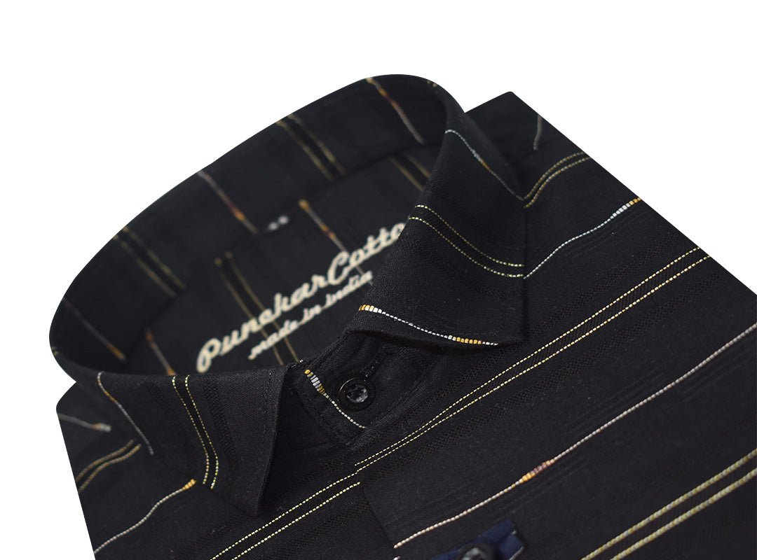 Black Color Pure Cotton Panelled Butta Stripes Shirts For Men&
