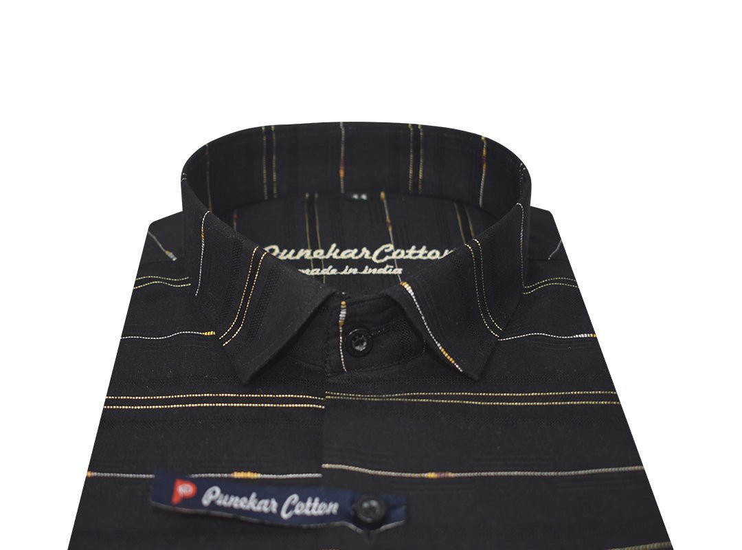 Black Color Pure Cotton Panelled Butta Stripes Shirts For Men&