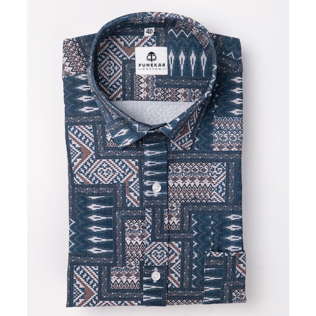 Blue Color Popcorn Moroccan Printed Shirt For Men - Punekar Cotton