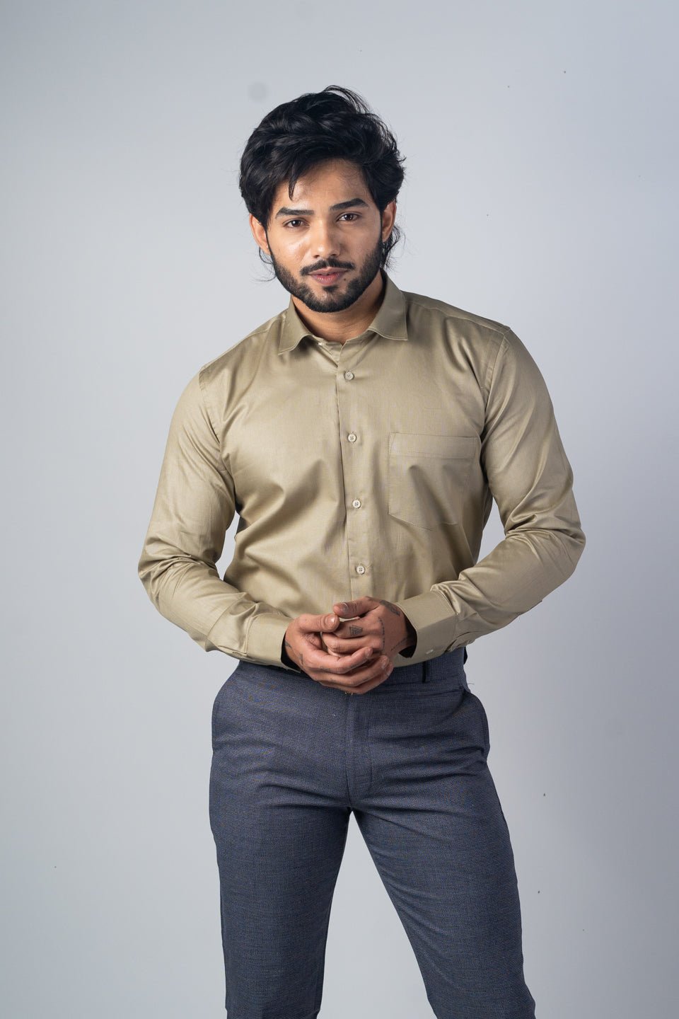 Camel Color Micro Checks Texture Satin Cotton Shirt For Men - Punekar Cotton