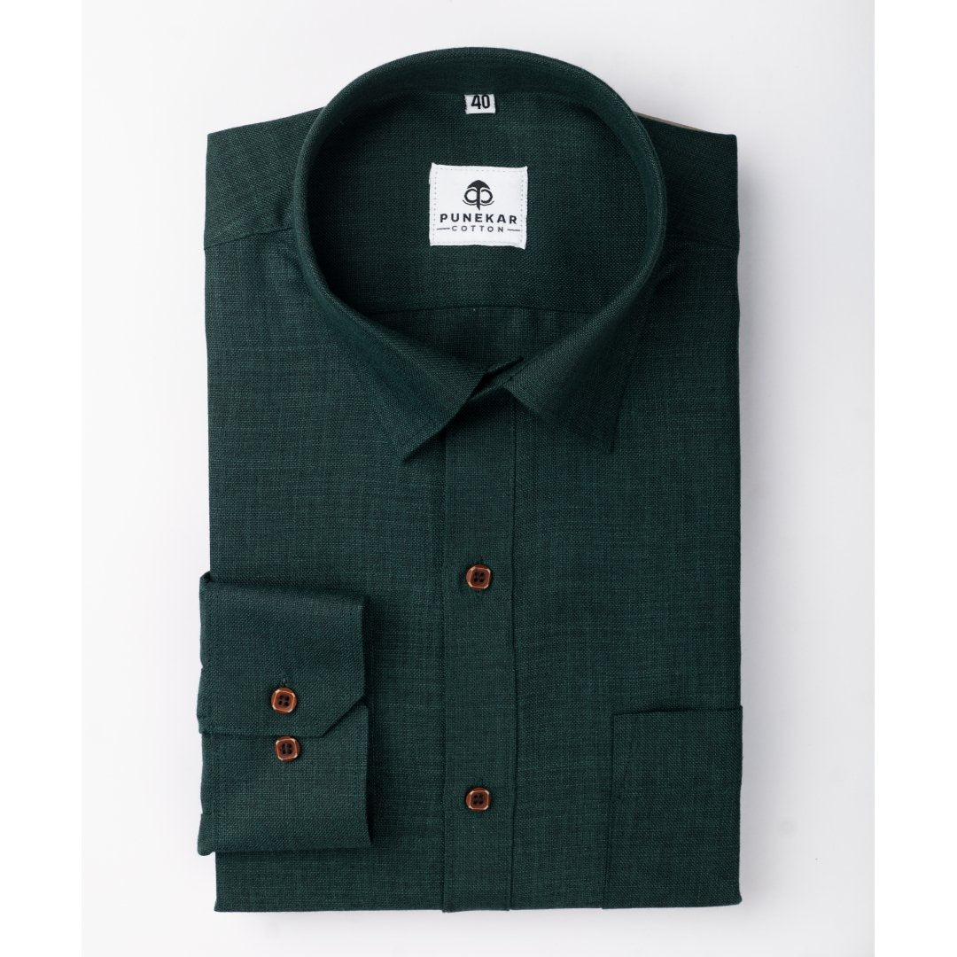 Forest Green Color Blended Linen Shirt For Men's Punekar Cotton Forest Green Color Blended Linen Shirt For Men's Punekar Cotton