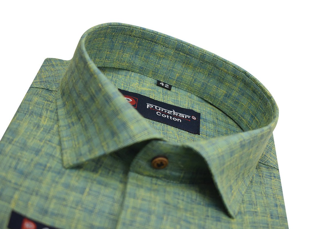 Green Color Cotton Self Woven Checks Handmade Shirts For Men&