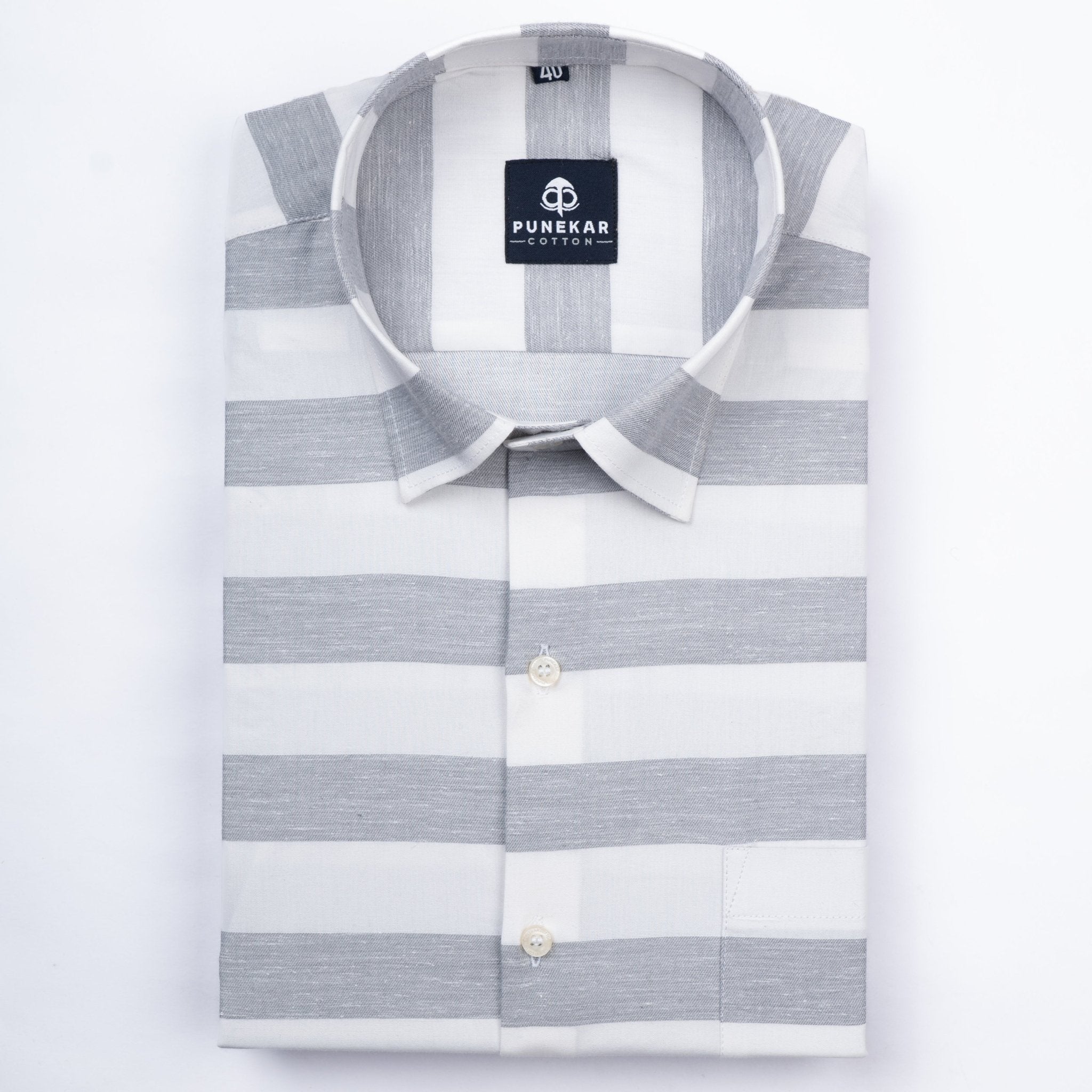 Grey Color Cotton Stripe Shirt For Men - Punekar Cotton