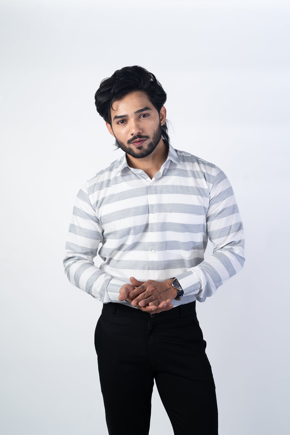 Grey Color Cotton Stripe Shirt For Men - Punekar Cotton