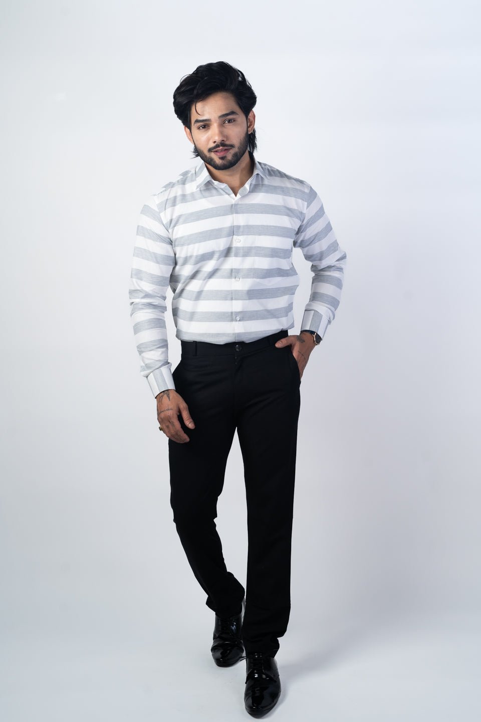 Grey Color Cotton Stripe Shirt For Men - Punekar Cotton