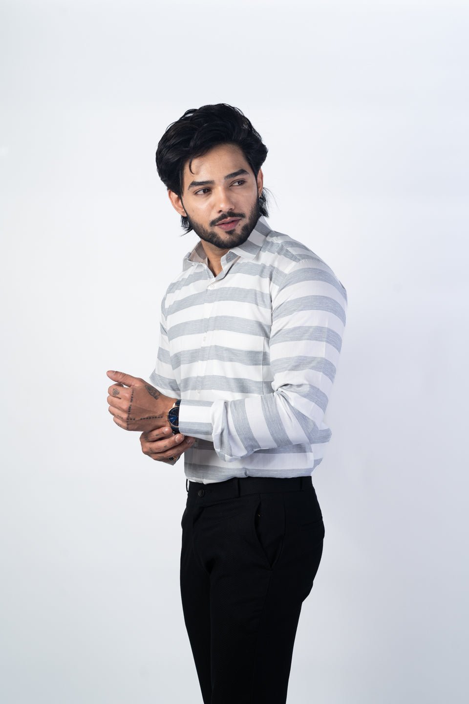 Grey Color Cotton Stripe Shirt For Men - Punekar Cotton