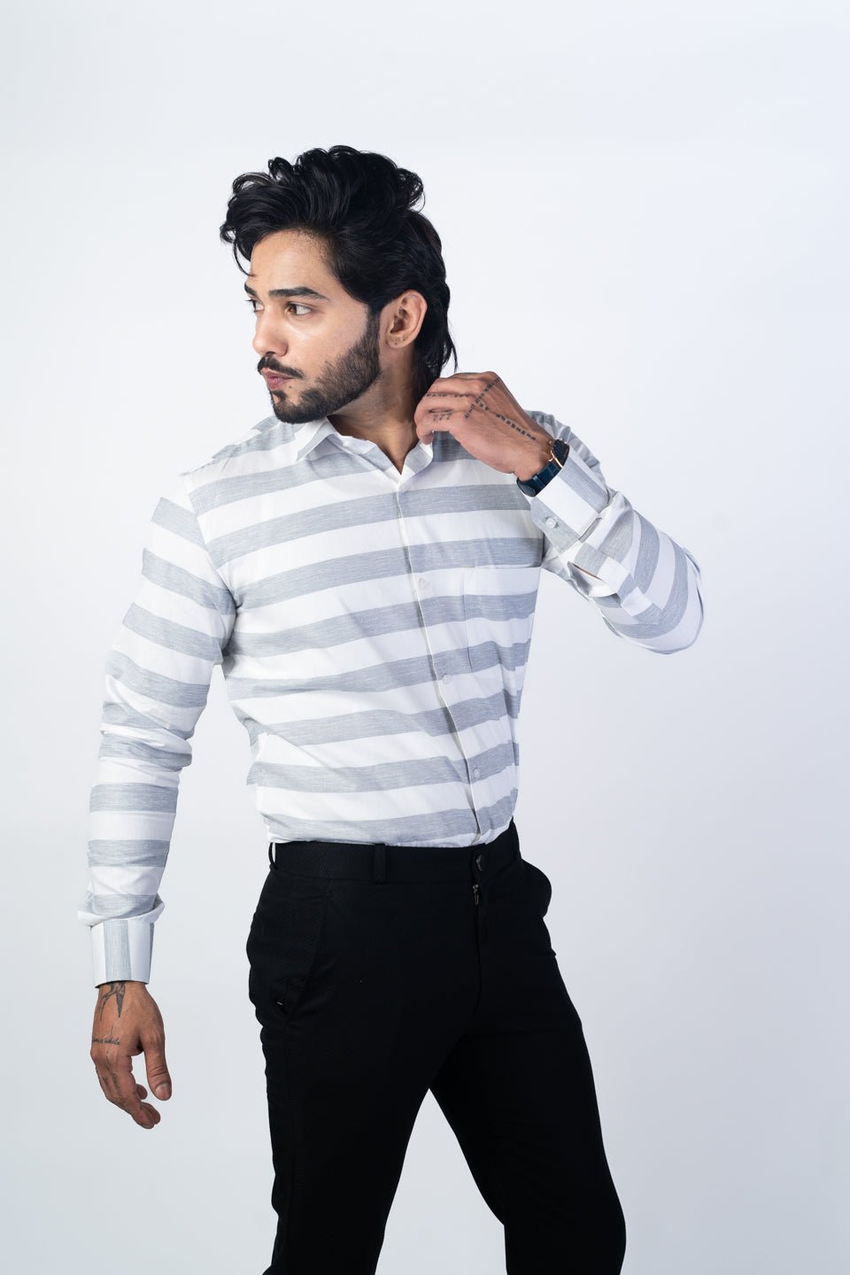 Grey Color Cotton Stripe Shirt For Men - Punekar Cotton