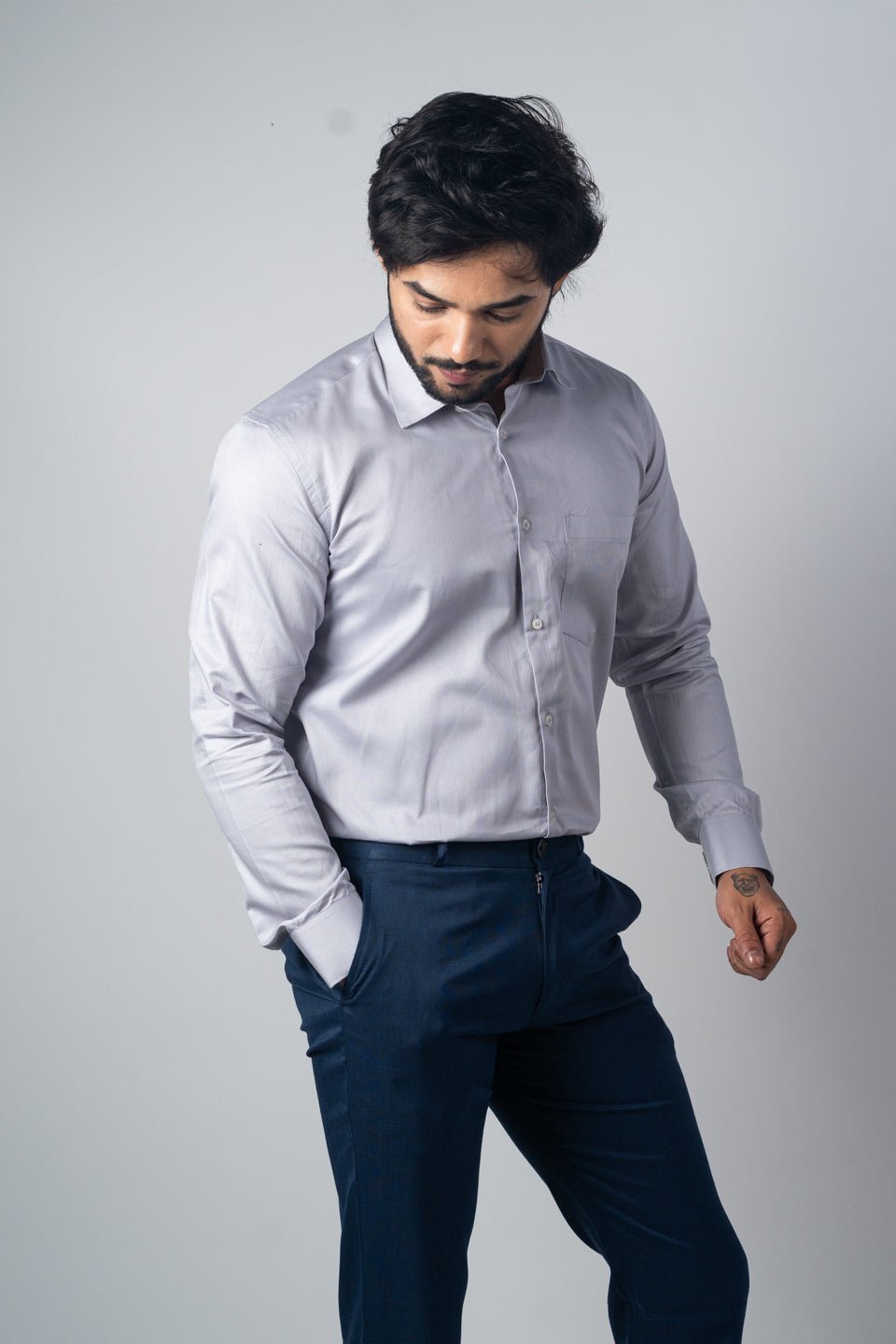 Grey Color Micro Checks Texture Satin Cotton Shirt For Men - Punekar Cotton