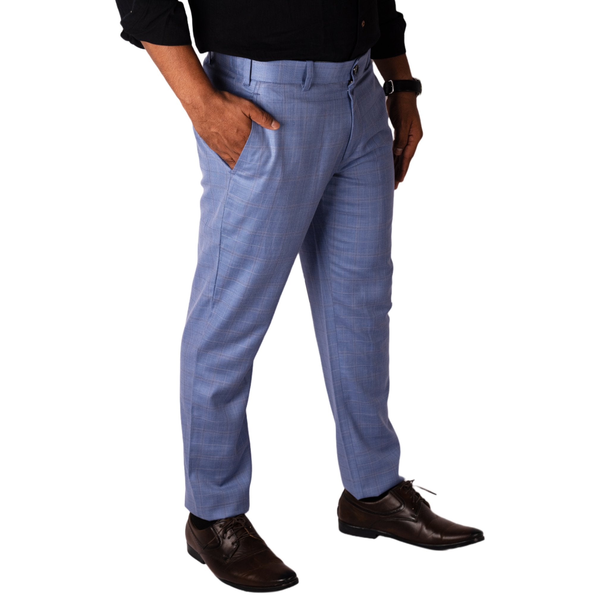 Light Blue color check blend cotton pant for men Punekar Cotton Light Blue color check blend cotton pant for men Punekar Cotton
