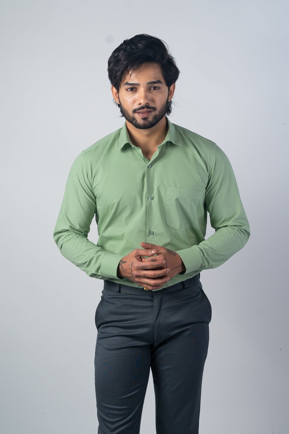 Pista Green Color Lycra Twill Cotton Shirt For Men - Punekar Cotton