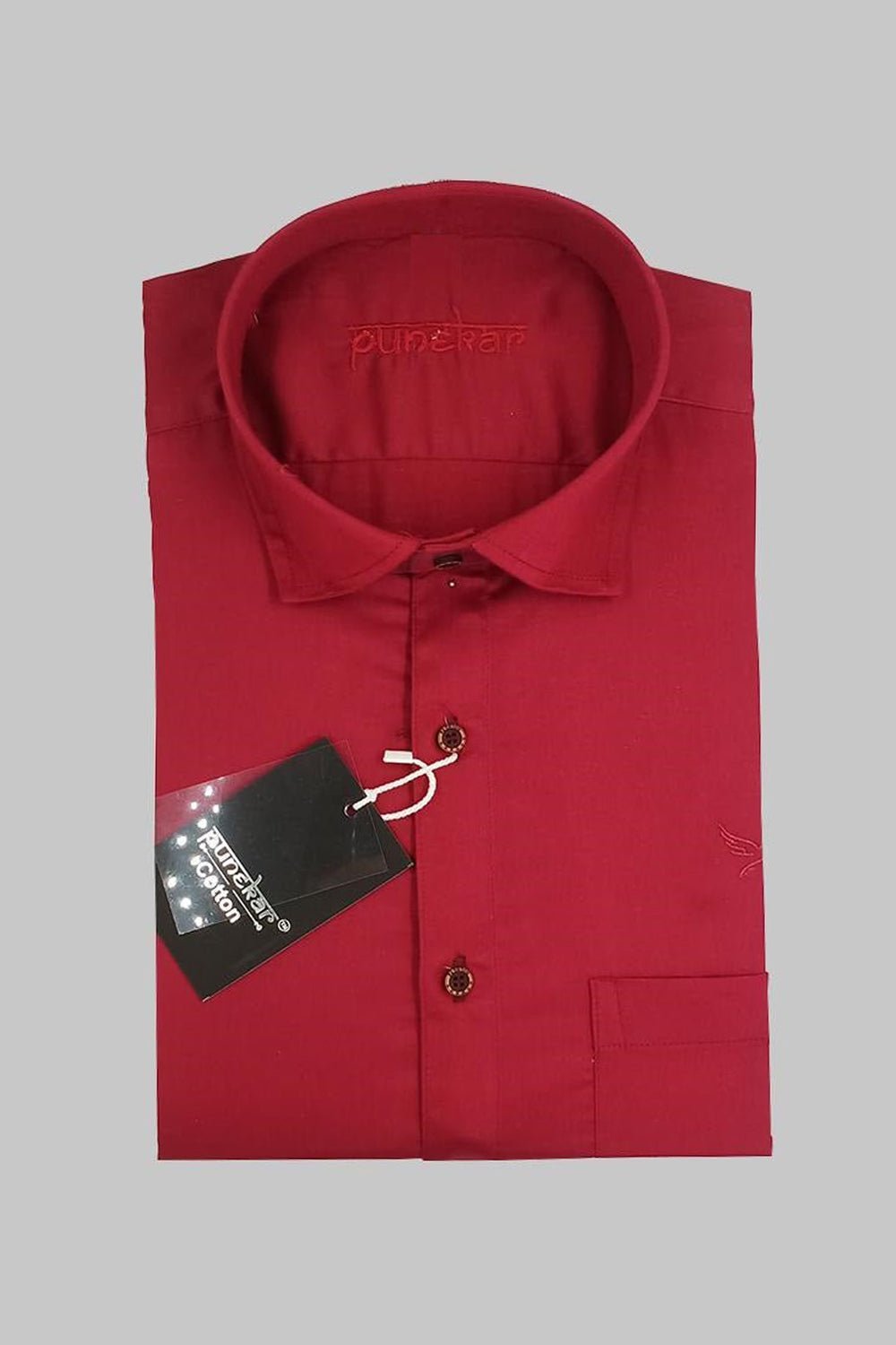 Punekar Cotton Satin Red Color Full Sleeves Formal Shirt for