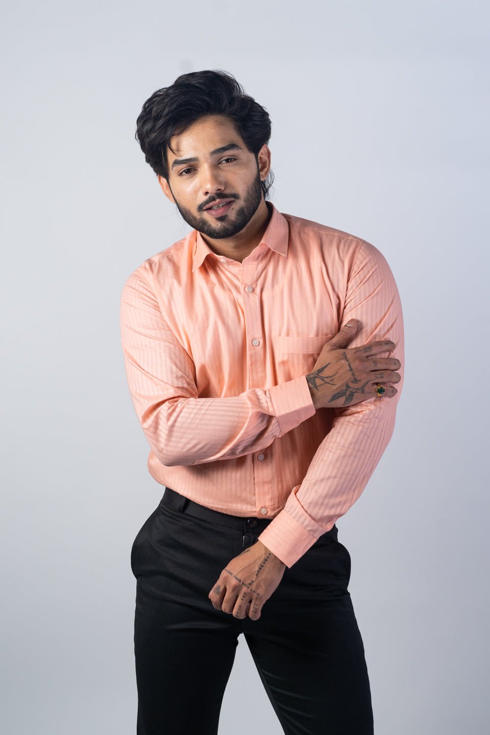 Salmon Orange Color vertical Cotton stripe Shirt For Men - Punekar Cotton