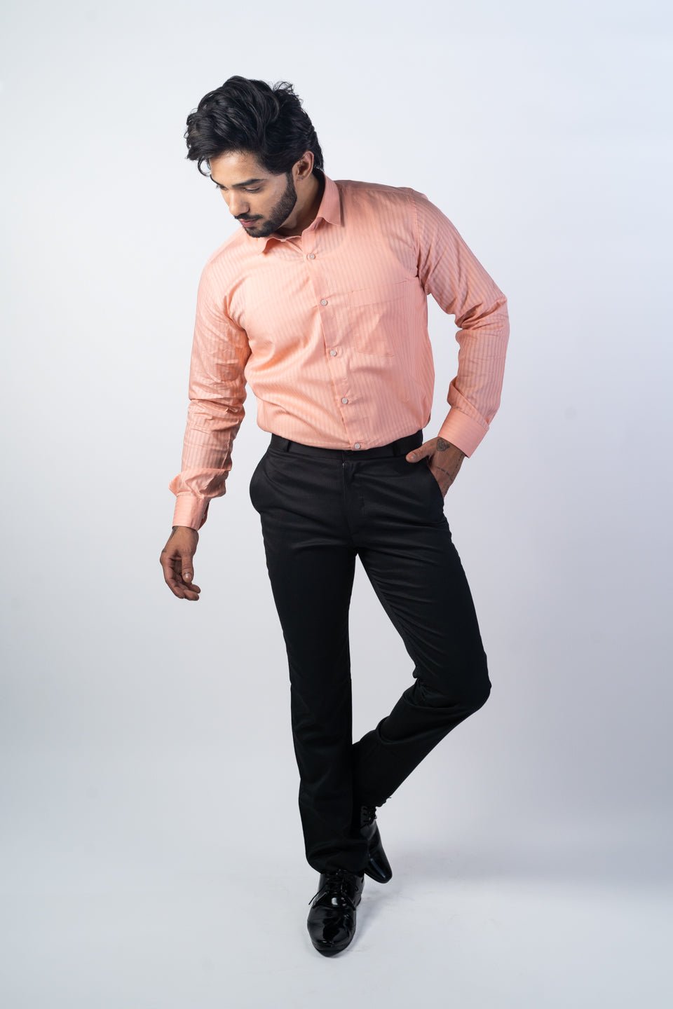 Salmon Orange Color vertical Cotton stripe Shirt For Men - Punekar Cotton