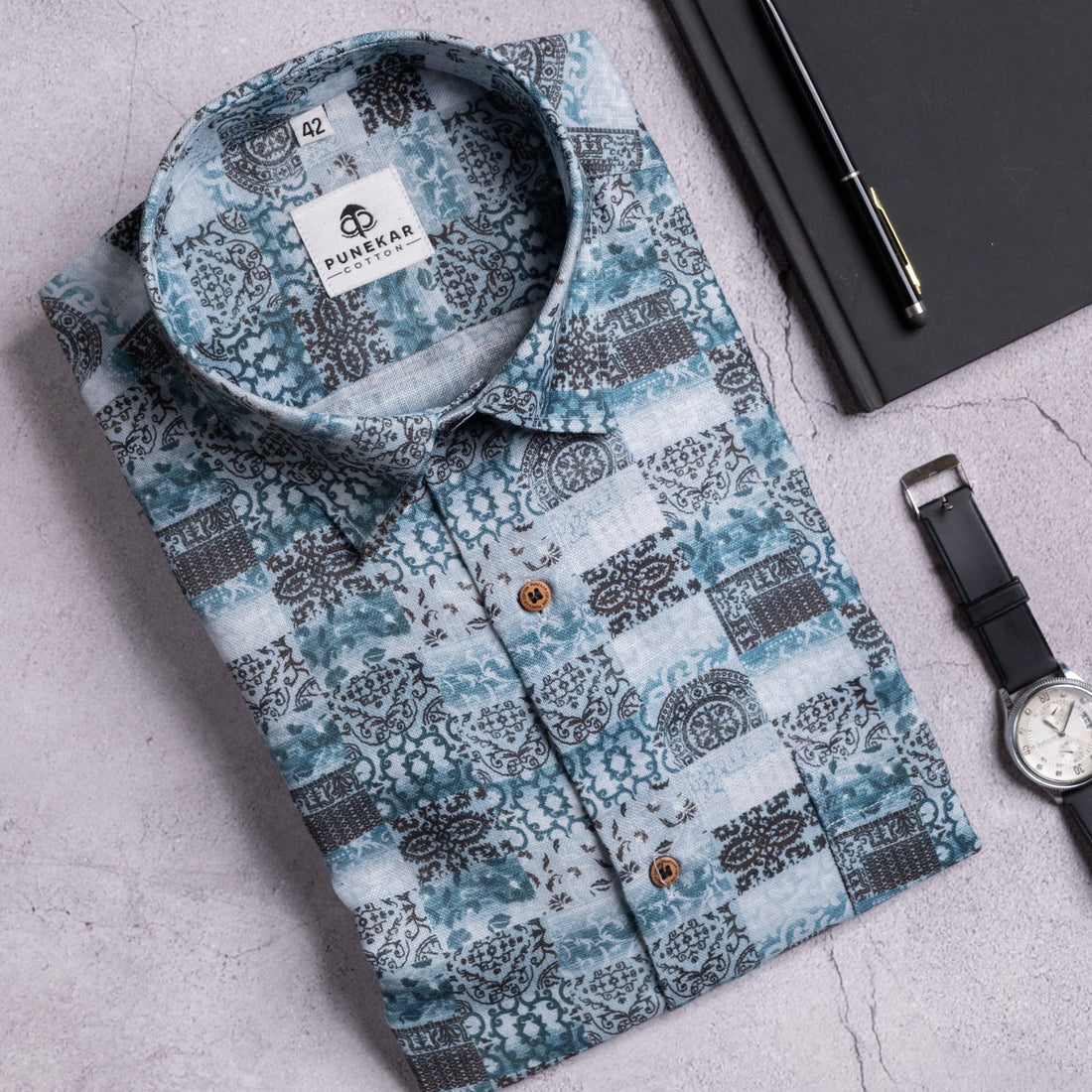 Sea Blue Color Moroccan Printed Shirt For Men - Punekar Cotton