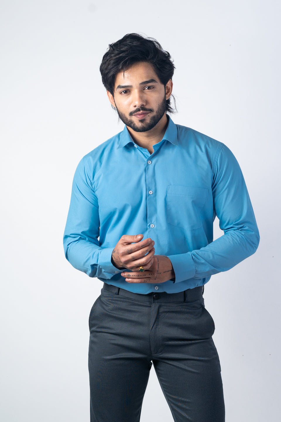Sky Blue Color Lycra Twill Cotton Shirt For Men - Punekar Cotton