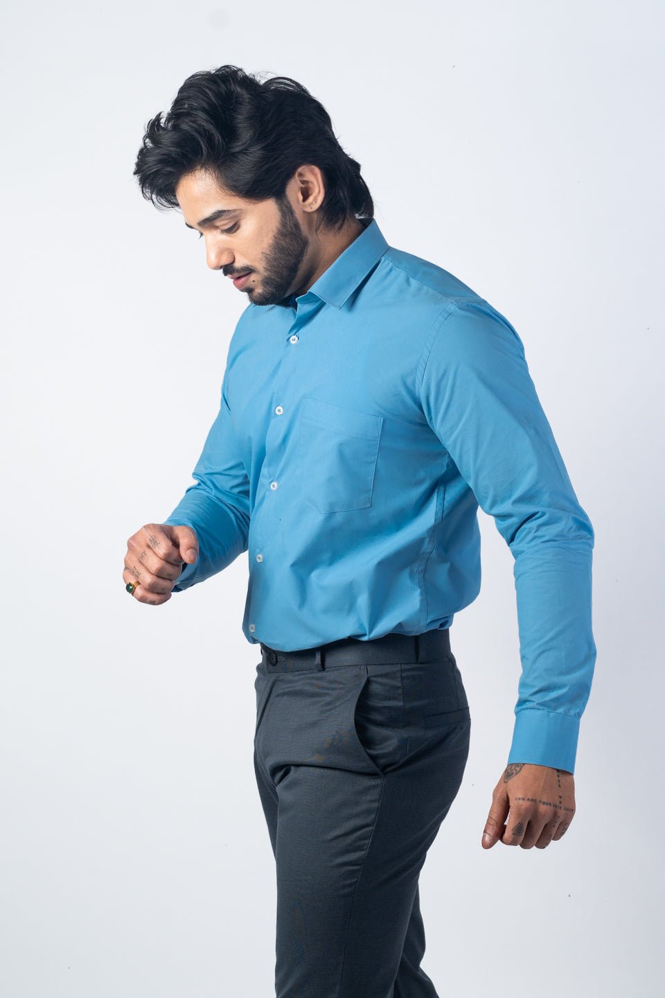 Sky Blue Color Lycra Twill Cotton Shirt For Men - Punekar Cotton