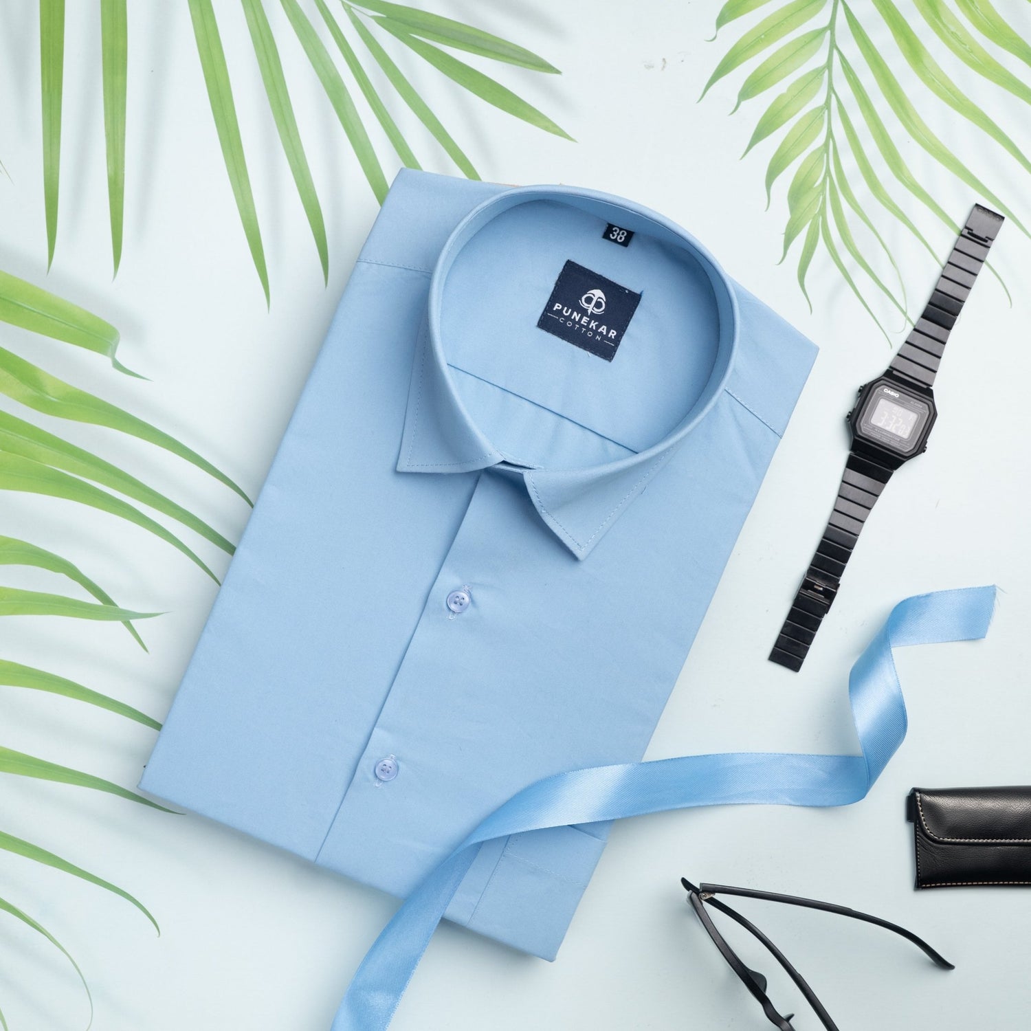 Sky Blue Color Lycra Twill Cotton Shirt For Men - Punekar Cotton