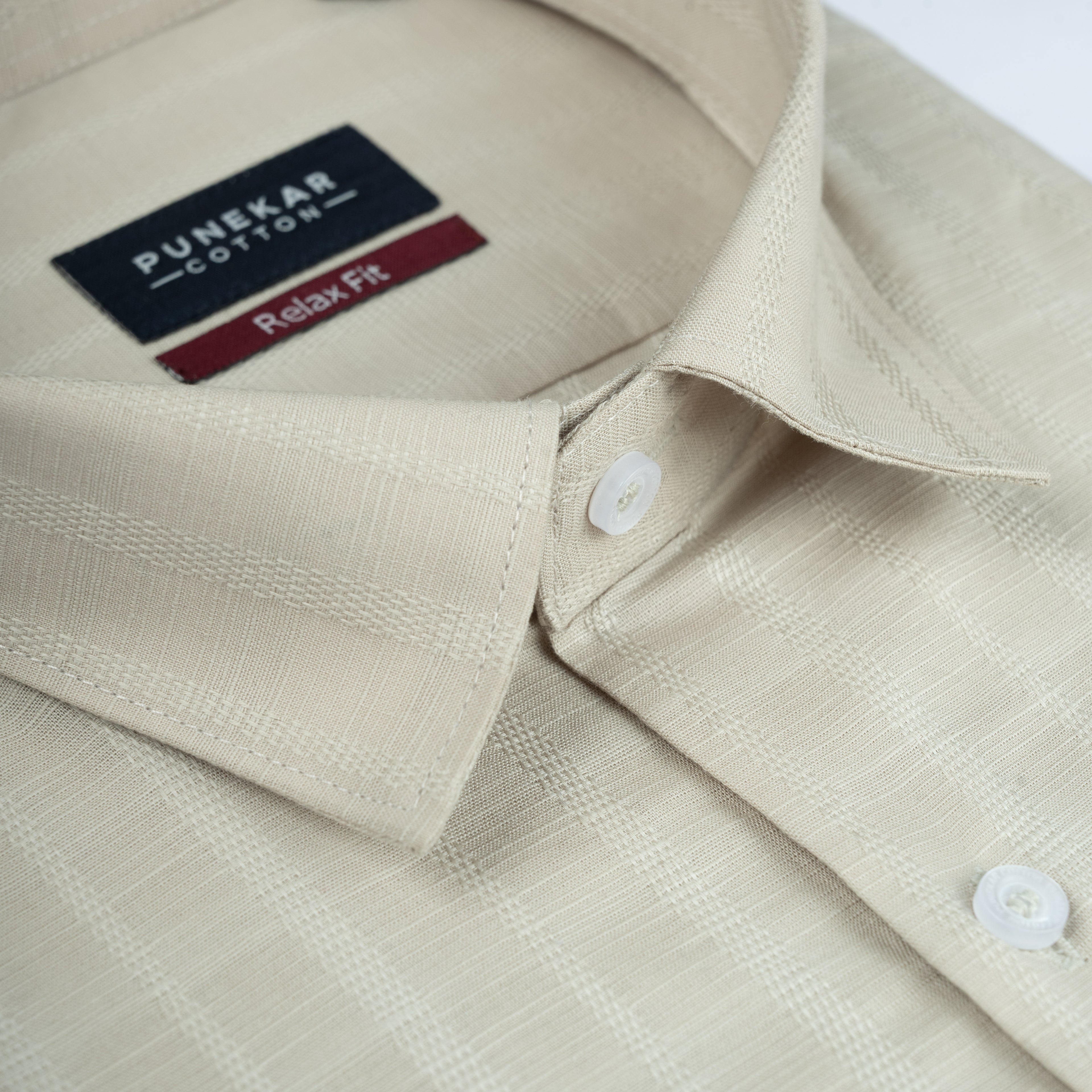 Beige Vertical Stripe Textured Jacquard Shirt for Men