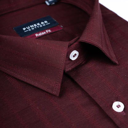 Maroon Colour Vertical Stripe Textured Jacquard Shirt for Men