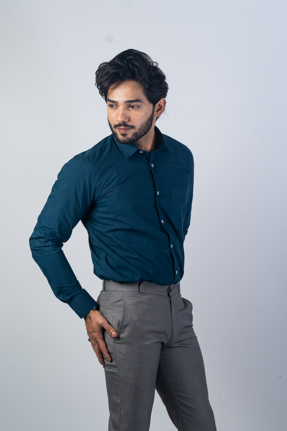 Navy Blue Color Lycra Twill Cotton Shirt For Men