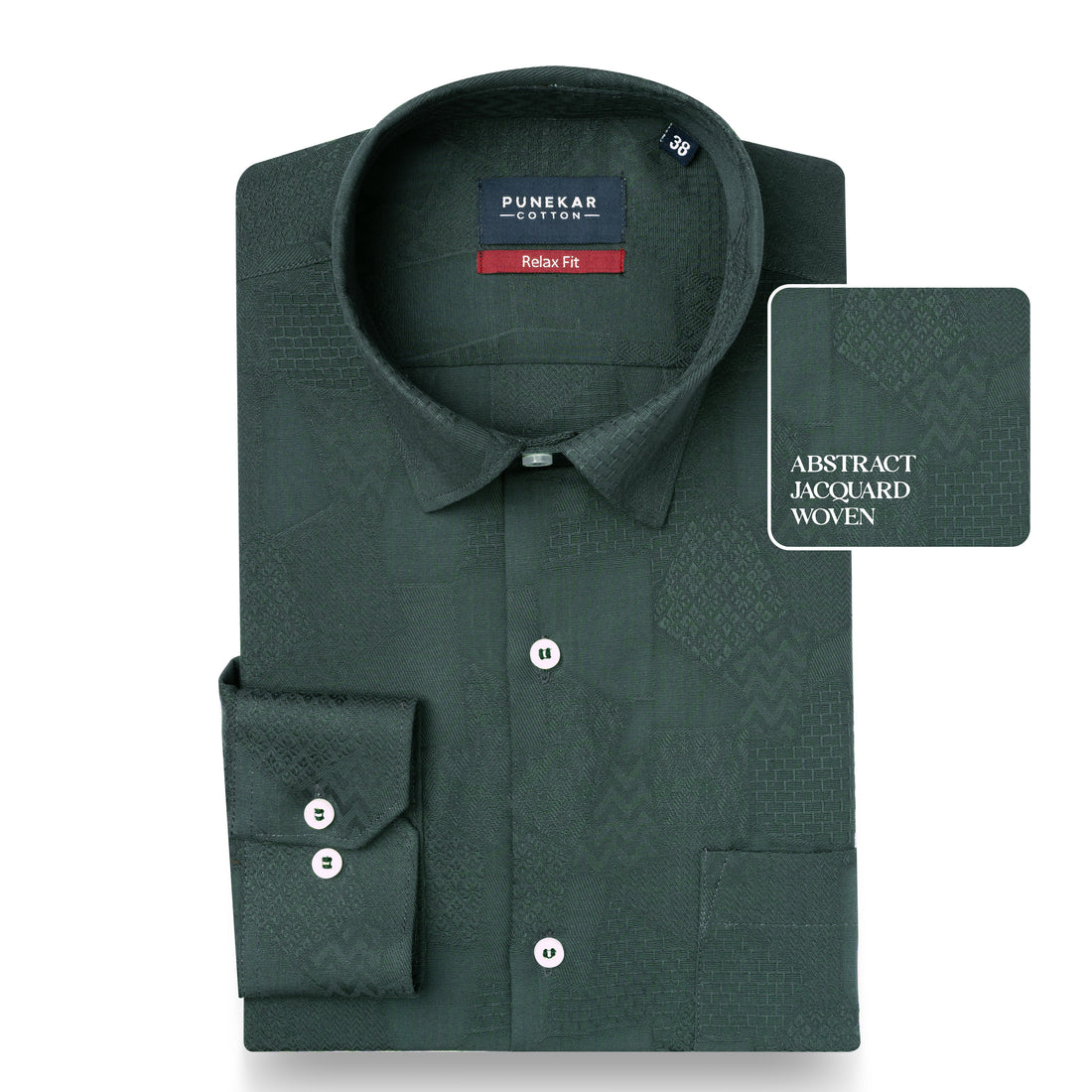 Bottle Green Abstract Textured Jacquard Cotton Shirt for Men