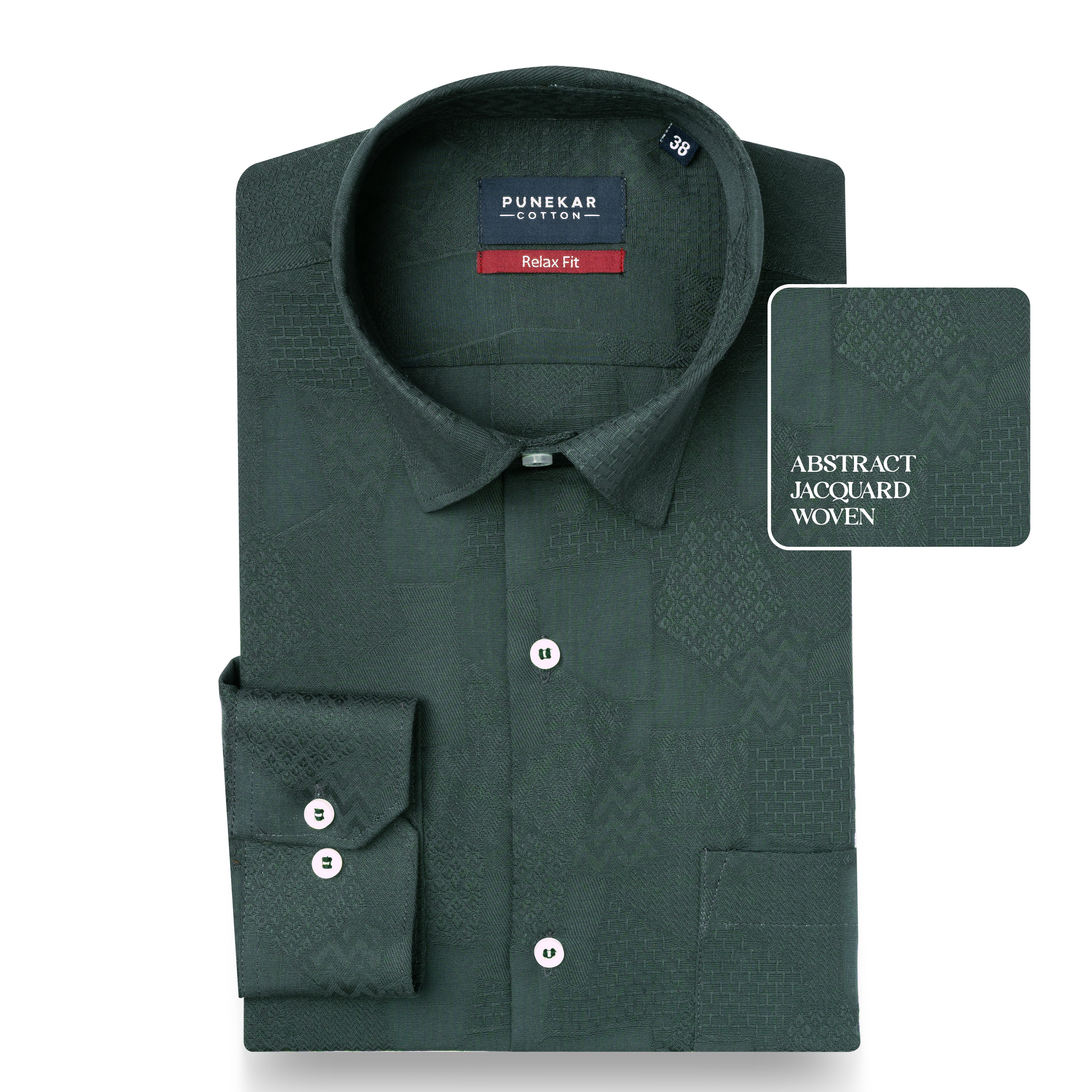Bottle Green Abstract Textured Jacquard Cotton Shirt for Men