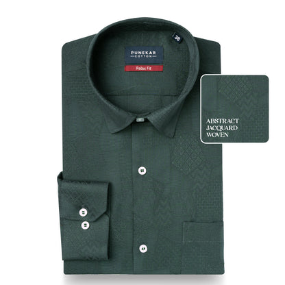 Bottle Green Abstract Textured Jacquard Cotton Shirt for Men