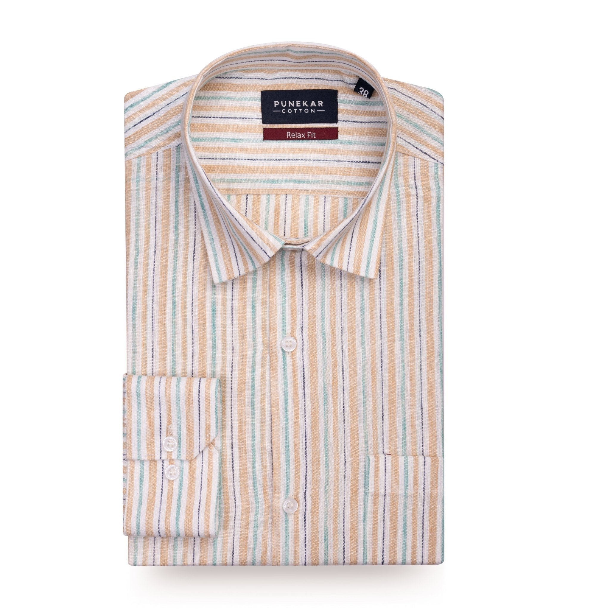 Beige &amp; Aqua Striped Blend Cotton Shirt for Men - Punekar Cotton