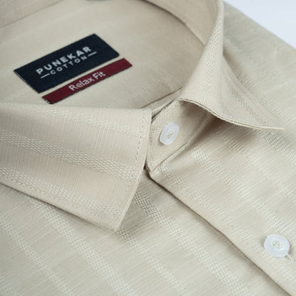 Beige Vertical Stripe Textured Jacquard Shirt for Men - Punekar Cotton