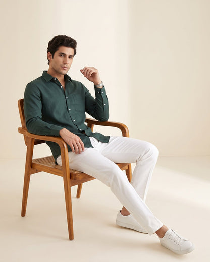 Bottle Green Color 80s Lino Lyocell Shirt For Men - Punekar Cotton