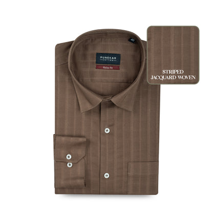 Mud Brown Vertical Stripe Textured Jacquard Shirt for Men