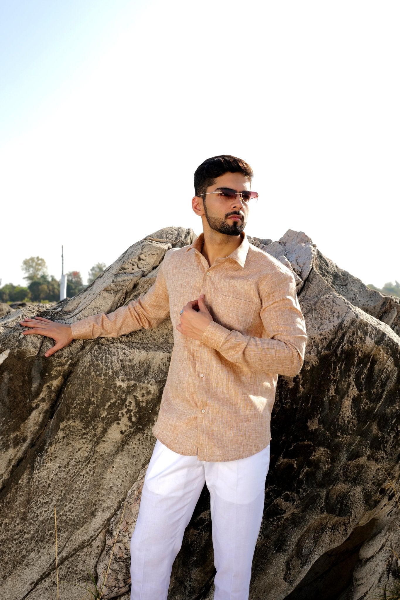 Camel Color Prime Linen Shirt For Men - Punekar Cotton