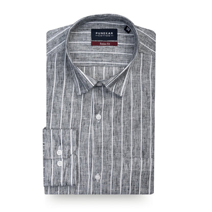 Charcoal Grey Striped Blend Cotton Shirt for Men - Punekar Cotton
