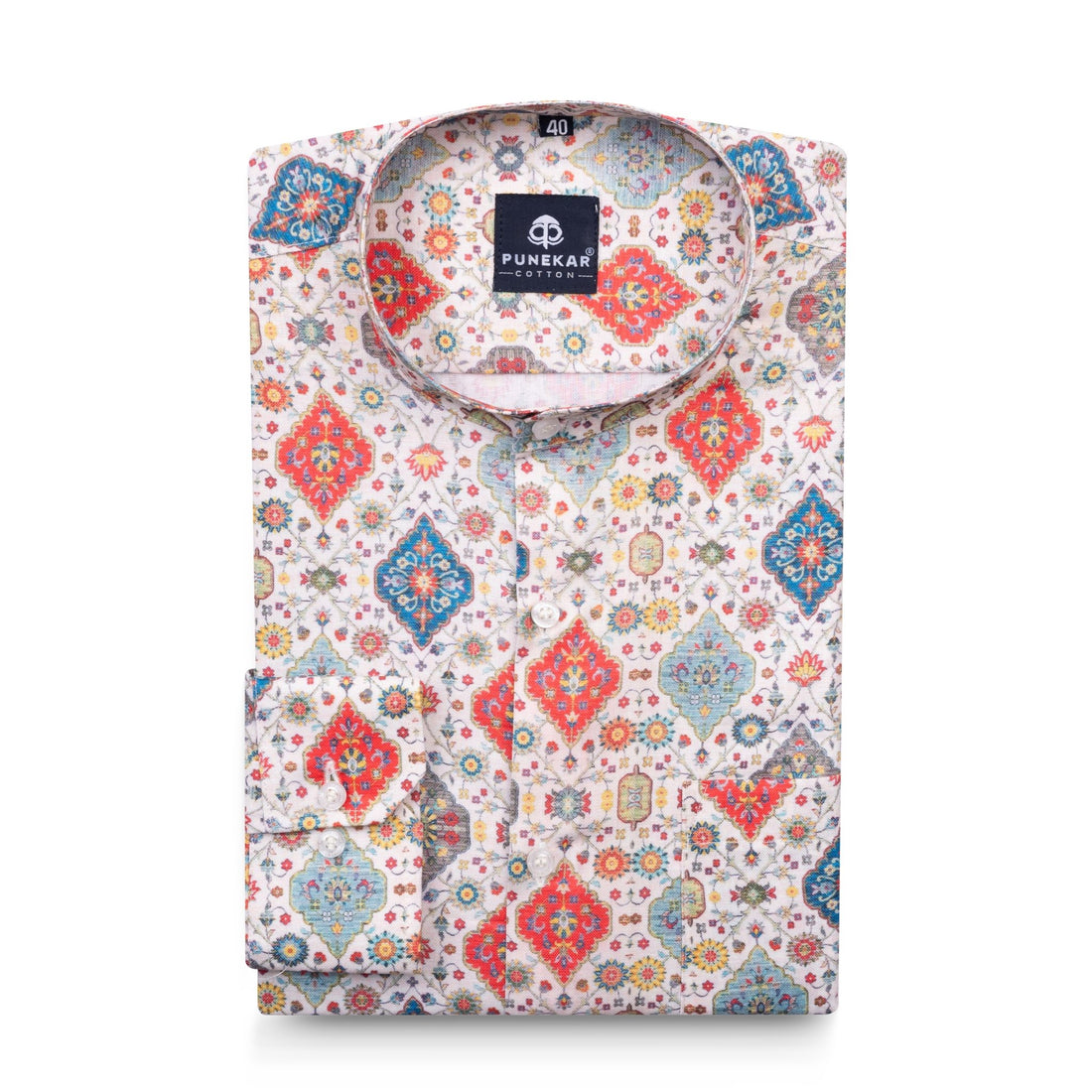 Cream Red Color Stand Collar Printed Shirt For Men - Punekar Cotton