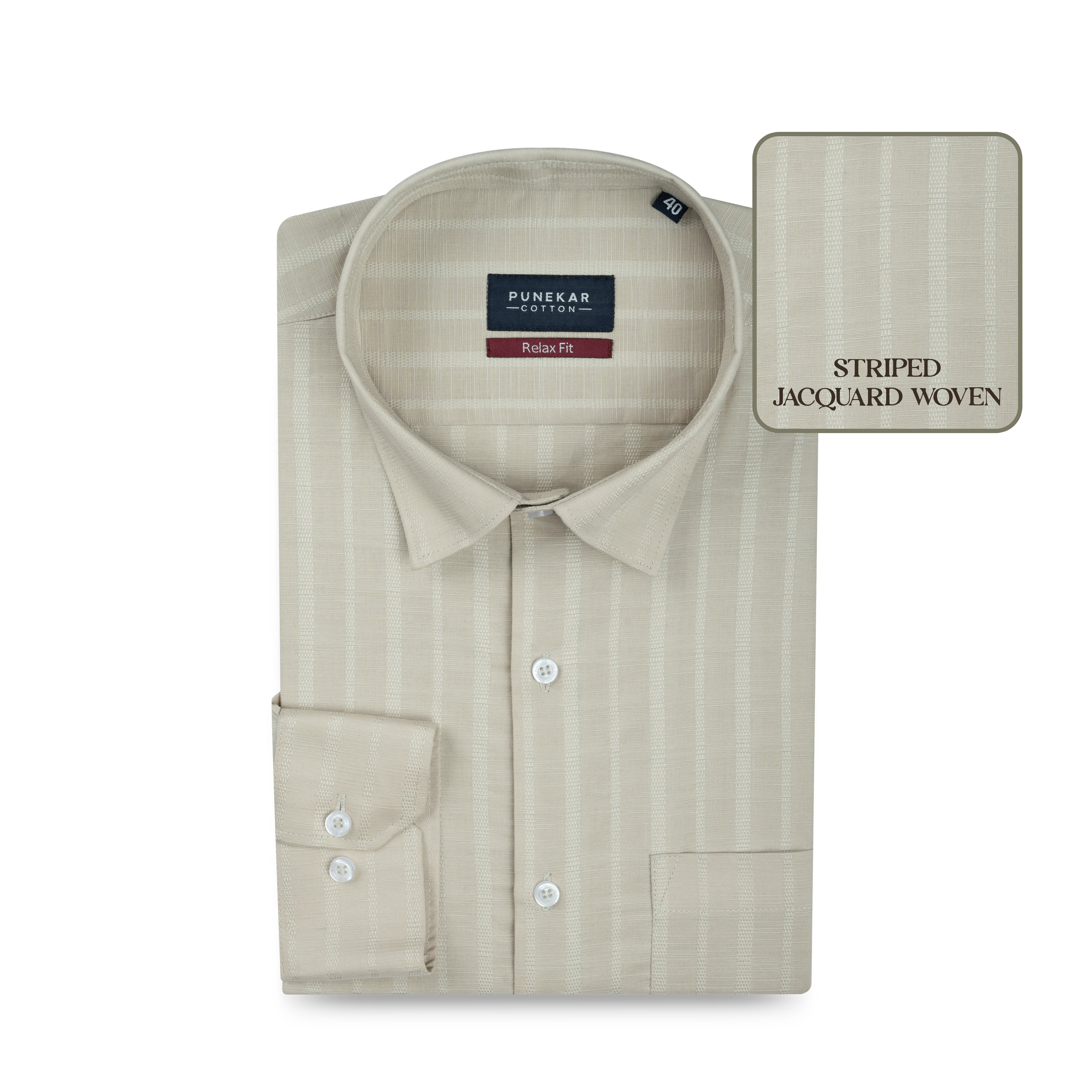 Beige Vertical Stripe Textured Jacquard Shirt for Men