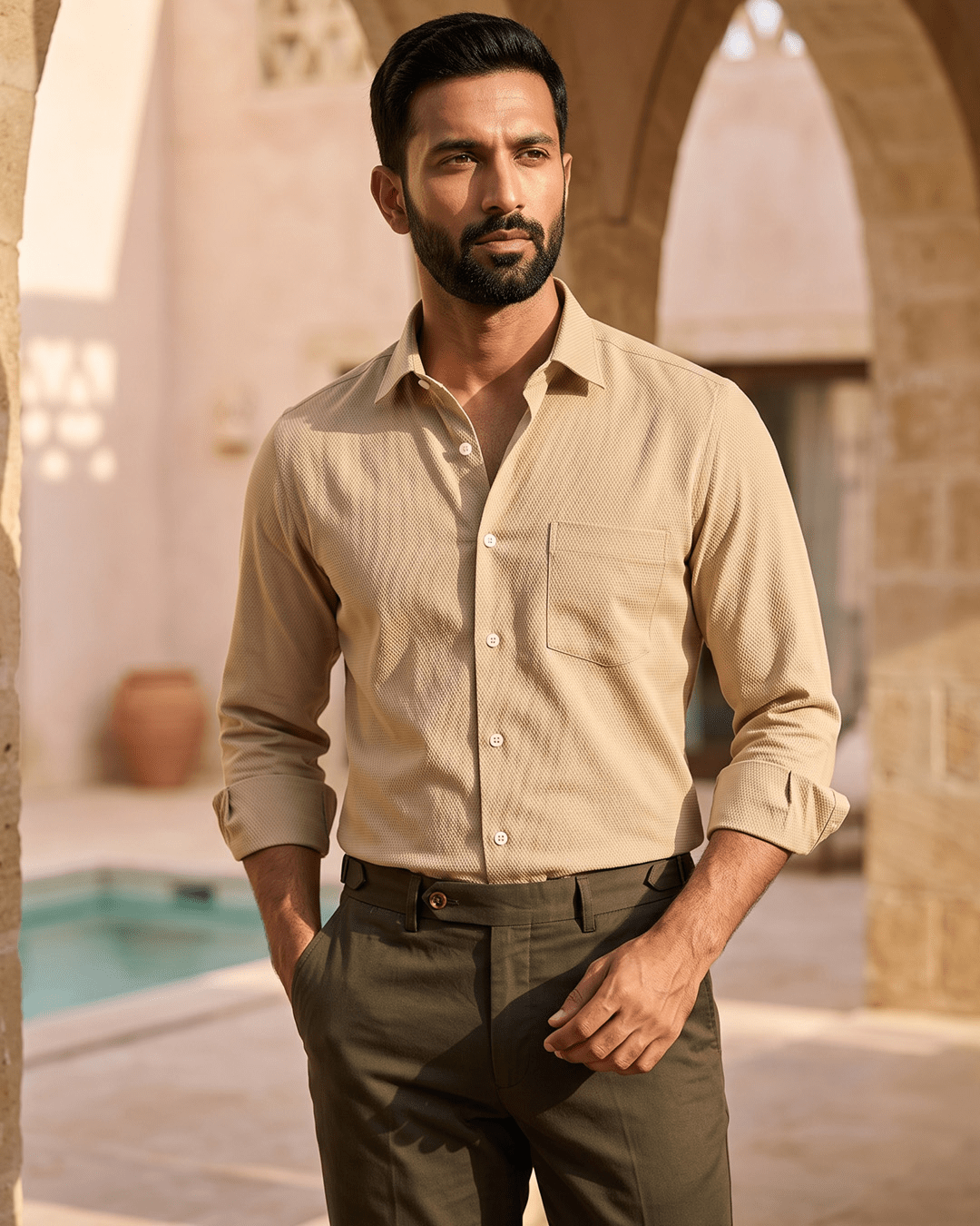Desert Sand MattMini Textured Cotton Tencel Shirt For Men - Punekar Cotton