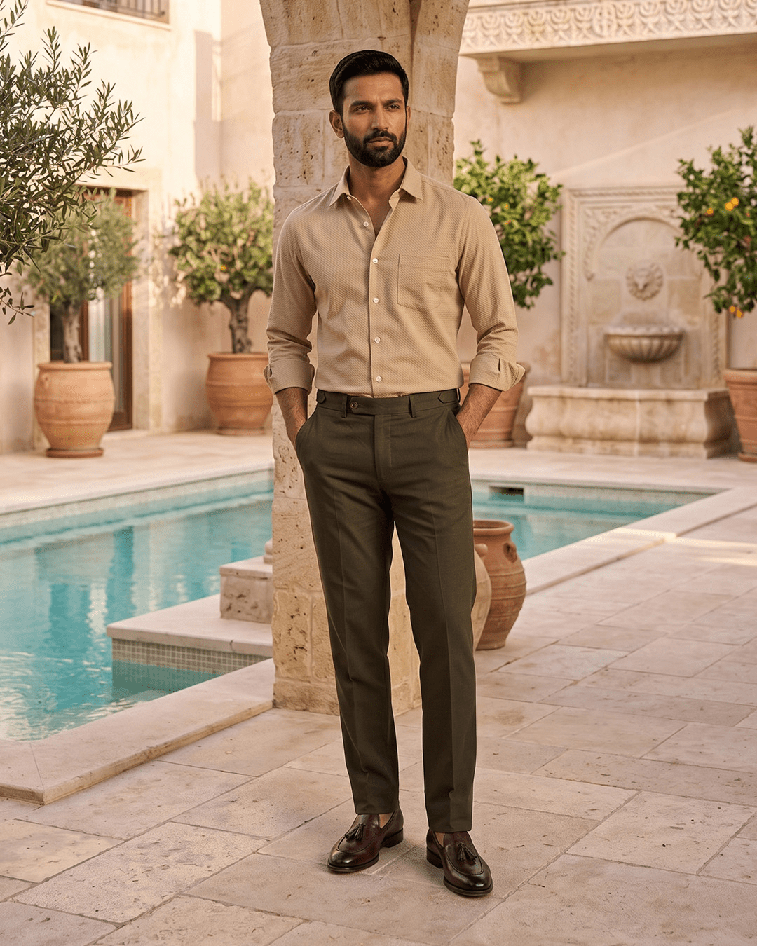 Desert Sand MattMini Textured Cotton Tencel Shirt For Men - Punekar Cotton