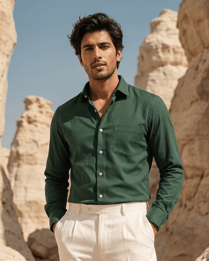Emerald Green MattMini Textured Cotton Tencel Shirt For Men - Punekar Cotton