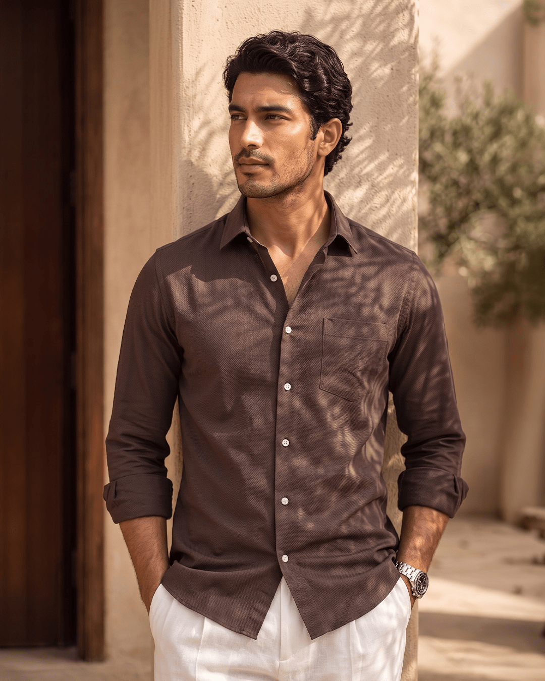 Espresso Brown MattMini Textured Cotton Tencel Shirt For Men - Punekar Cotton