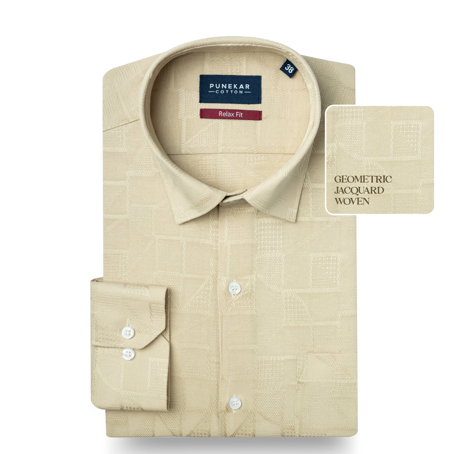Cream Colour Geometric Jacquard Texture Shirt for Men