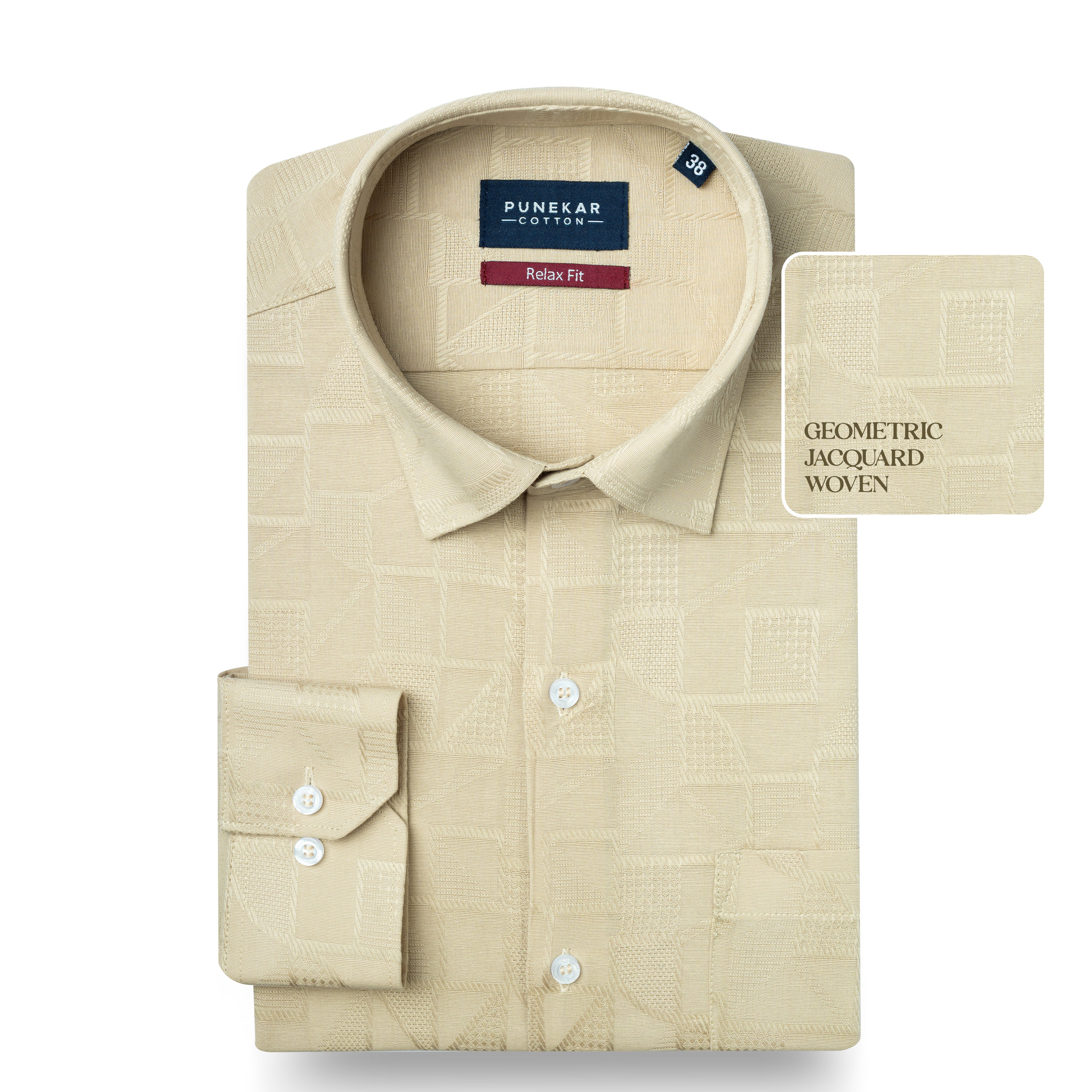 Cream Colour Geometric Jacquard Texture Shirt for Men
