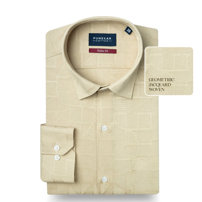 Cream Colour Geometric Jacquard Texture Shirt for Men