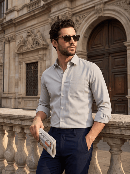 Grey MattMini Textured Cotton Tencel Shirt For Men - Punekar Cotton